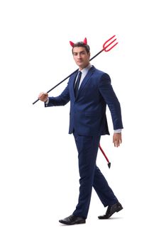 Evil devil businessman with pitchfork isolated on white background