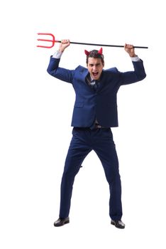 Evil devil businessman with pitchfork isolated on white background
