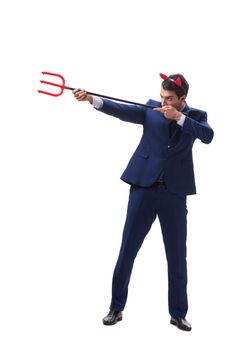 Evil devil businessman with pitchfork isolated on white background