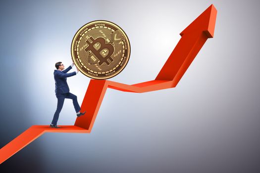 Businessman pushing bitcoin in cryptocurrency blockchain concept