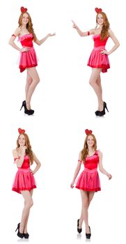 Pretty young model in mini pink dress isolated on white
