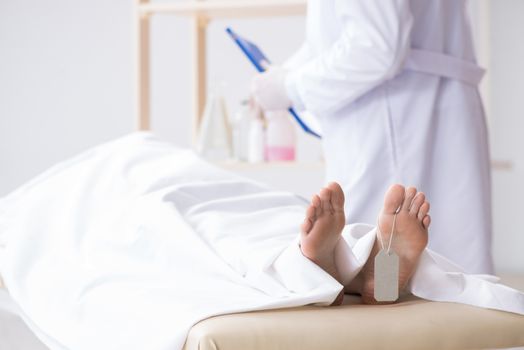 Police coroner examining dead body corpse in morgue