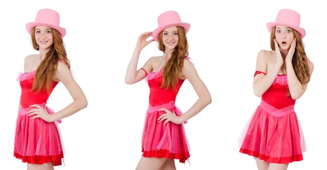 Pretty young wizard in mini pink dress isolated on white