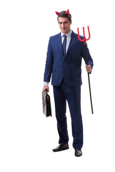 Evil devil businessman with pitchfork isolated on white background
