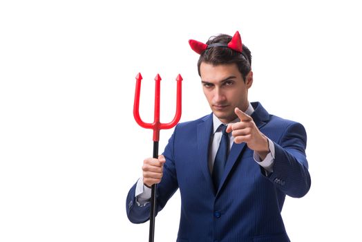 Evil devil businessman with pitchfork isolated on white background