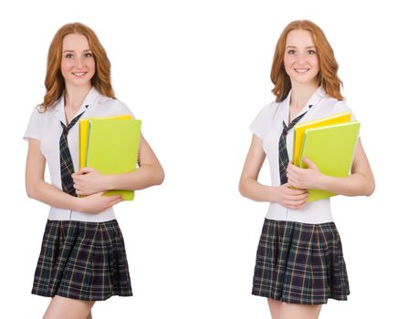 Young student female with textbooks isolated on white