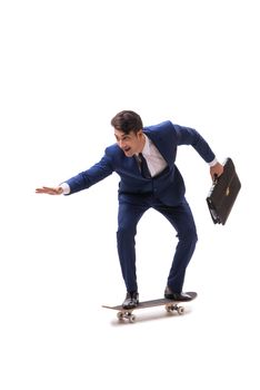 Businessman riding skateboard isolated on white background