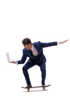 Businessman riding skateboard isolated on white background