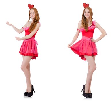 Pretty young model in mini pink dress isolated on white