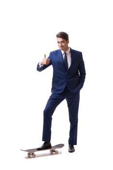 Businessman riding skateboard isolated on white background