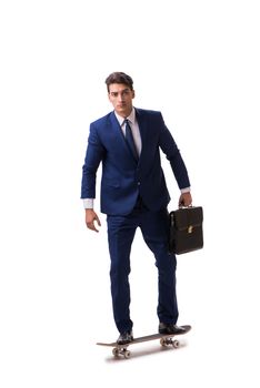 Businessman riding skateboard isolated on white background