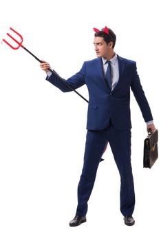 Evil devil businessman with pitchfork isolated on white background