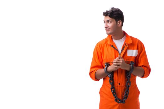 Prisoner with his hands chained isolated on white background
