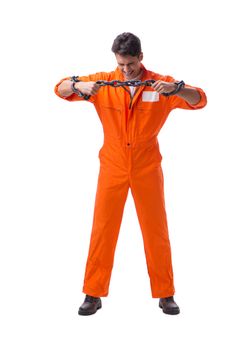 Prisoner with his hands chained isolated on white background
