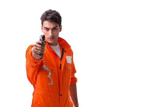 Prisoner with gun isolated on white background