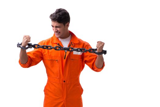 Prisoner with his hands chained isolated on white background
