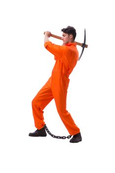 Prisoner with axe isolated on white background