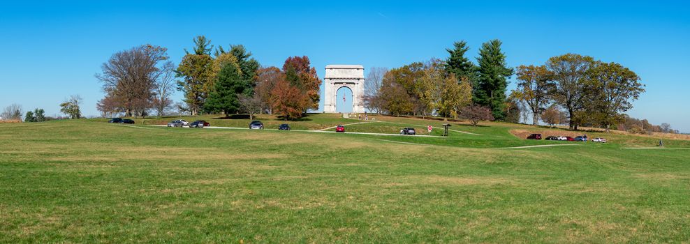 A Panoramic Shot of the National Memorial Arch and Surrounding Fields at Valley Forge National Historical Park