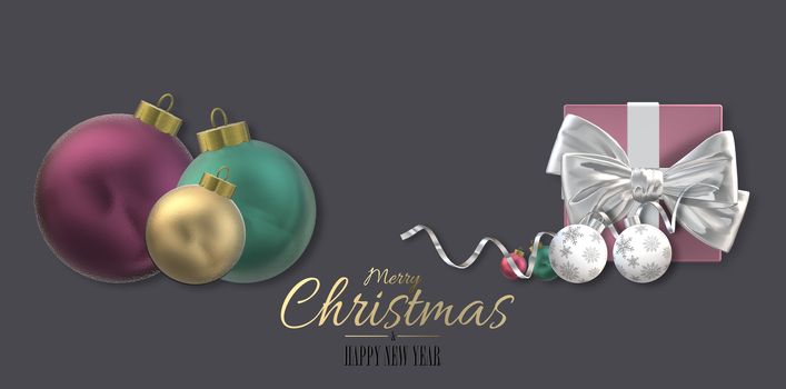 Christmas festive design with Xmas gift box, Xmas 3D realistic baubles on dark background. Text Merry Christmas Happy New Year. 3D render, horizontal holiday design