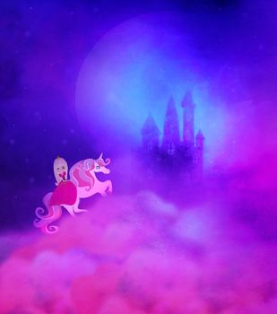 Girl on unicorn flying to the magic castle