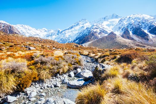 The iconic half day world famous Hooker Valley Track hike at Mt Cook in New Zealand