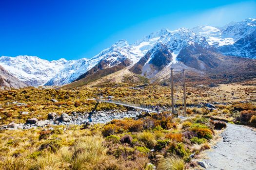 The iconic half day world famous Hooker Valley Track hike at Mt Cook in New Zealand