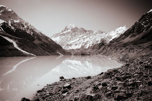 The iconic half day world famous Hooker Valley Track hike at Mt Cook in New Zealand