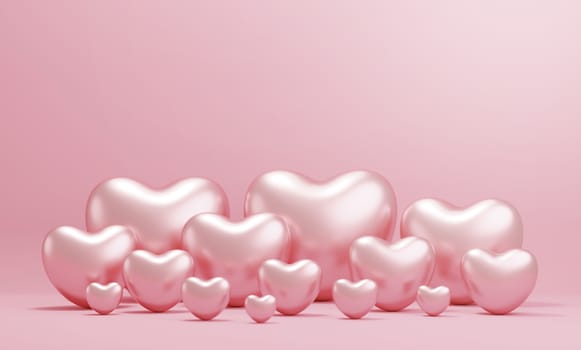 Valentine's day concept design of rose gold hearts on pink paper background with copy space 3d render