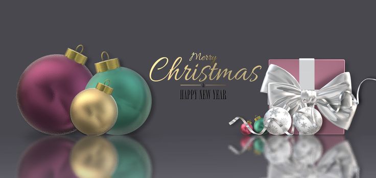 Christmas banner with realistic Xmas 3D shiny balls baubles, Xmas pink gifts box, silver bow on dark brown background with reflection. Text Merry Christmas Happy New Year. Horizontal 3D render