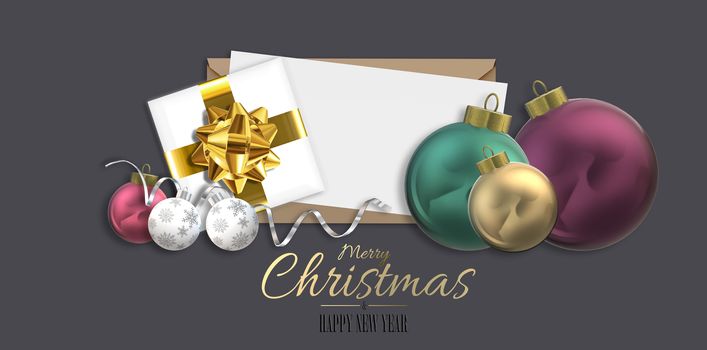 3D realistic Christmas design with realistic Xmas ball bauble, Xmas gift box with bow, text Merry Christmas Happy New Year on white envelope over dark brown. Horizontal 3D illustration. Place for text