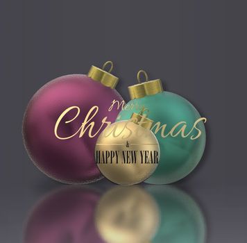 Christmas realistic 3D balls baubles on reflection, text Merry Christmas and Happy New Year on grey background. 3D illustration. Xmas design for invitation