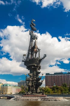 MOSCOW, RUSSIA - AUGUST 21, 2020:  Monument to Peter the Great, view from a boat on the Moscow river.