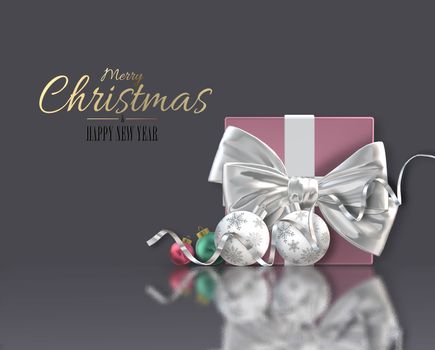 Christmas holiday design with Xmas 3D realistic pink gift box, Xmas shiny green red balls, baubles on reflection. Gold text Merry Christmas Happy New Year. 3D render