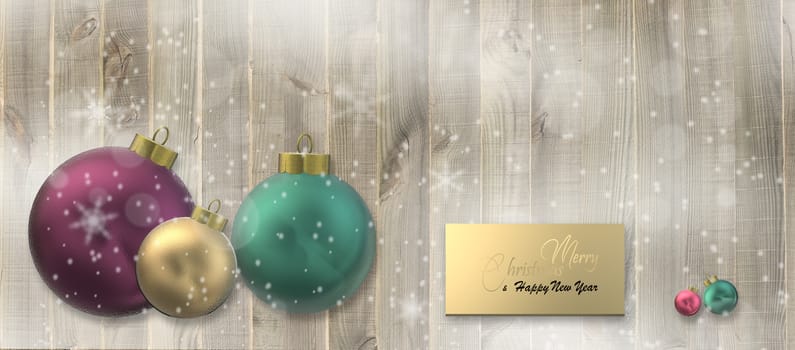 Christmas holiday background on wood. 3D Xmas realistic balls baubles, golden gift tag on old wooden background. Text Merry Christmas Happy New Year. 3D illustration