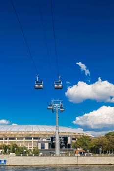 Cableway over Moscow river, Moscow, Russia, Sparrow Hills. Cableway to the stadium. Entertainment in Moscow. Luzhnetskaya embankment.Funicular.