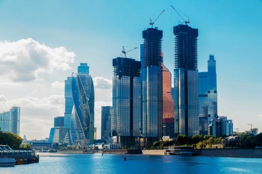 MOSCOW, RUSSIA - AUGUST 21, 2020: Moscow City - view Mirrored facades of skyscraper buildings in Moscow International Business Center.