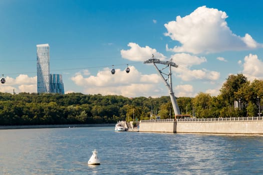 Cableway over Moscow river, Moscow, Russia, Sparrow Hills. Cableway to the stadium. Entertainment in Moscow. Luzhnetskaya embankment.Funicular.