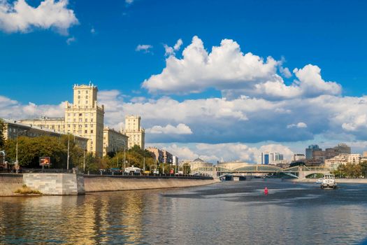 MOSCOW, RUSSIA - AUGUST 21, 2020:  Panoramic view from the boat from the Moscow river.