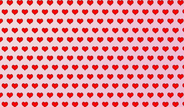 2d red pattern of cartoon hearts on isolated background.