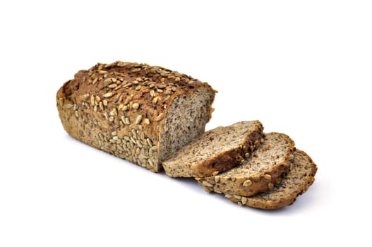 Whole wheat bread with seeds, isolated on white background and slices