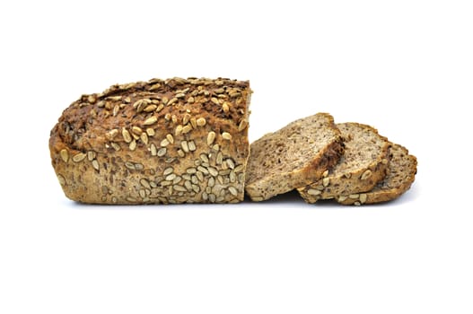 Whole wheat bread with seeds, isolated on white background and slices