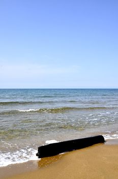 Crystal clear water and wood log on sand beach in Cyprus