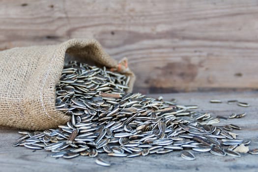 bag with variety of sunflower seeds on rustic wooden background