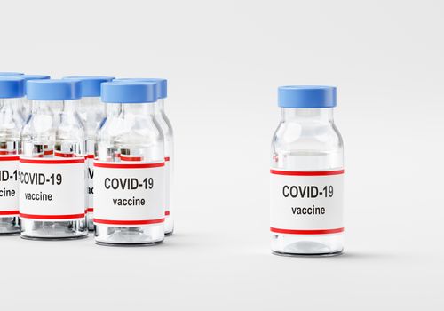 Many Covid 19 Vaccine Bottles on White Background Render Illustration, Vaccine Production and Availability Concept