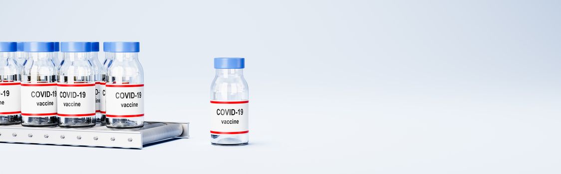 Many Covid 19 Vaccine Bottles on Conveyor Belt Roller on Light Blue Background with Copy Space 3D Render Illustration, Vaccine Production and Availability Concept