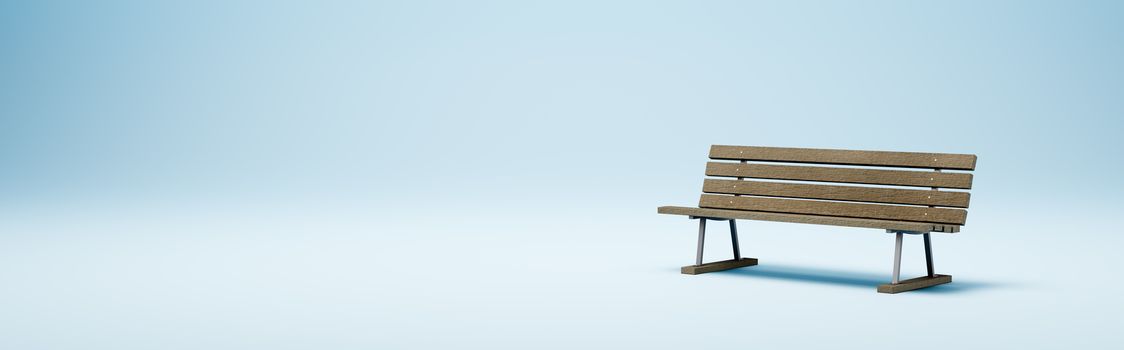 One Wooden Bench on Blue Studio Background with Copy Space, Solitude and Loneliness Concept 3D Render Illustration