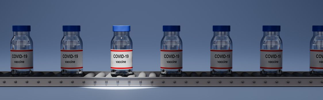 Many Covid 19 Vaccine Bottles on Conveyor Belt Roller on Dark Blue Background with One Bottle Spotlighted 3D Render Illustration, Vaccine Production and Selection Concept