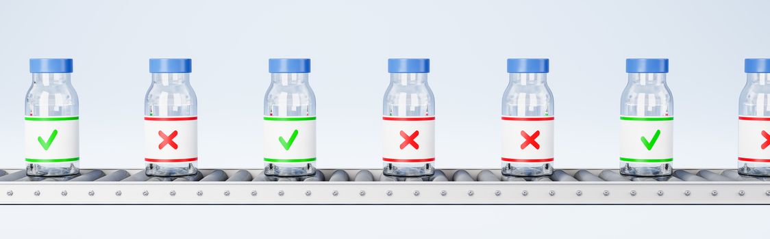 Medicine Bottles on Conveyor Belt Roller on Light Blue Background 3D Render Illustration, Quality Check Concept