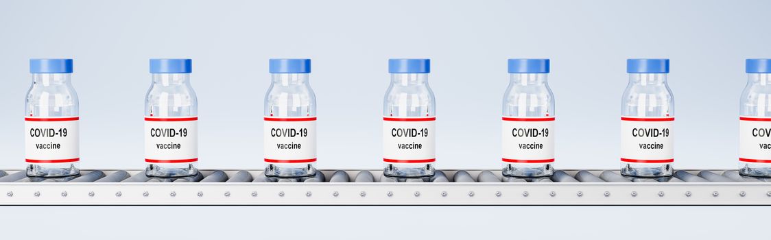 Many Covid 19 Vaccine Bottles on Conveyor Belt Roller on Light Blue Background 3D Render Illustration, Vaccine Production and Distribution Concept