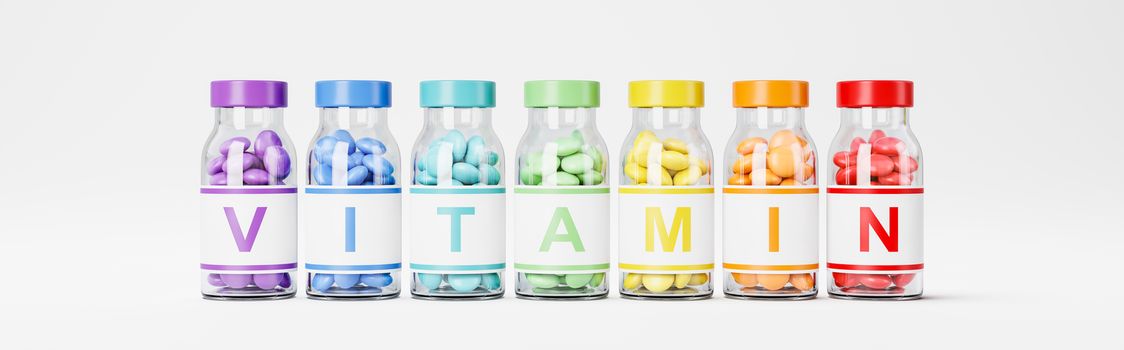 Collection of Lined Up Colorful Vitamin Pills Bottles with Vitamin Text on the Labels on White Background 3D Render Illustration